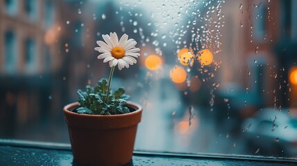 Poster -   A flower in a pot rests atop a window sill, bathed in raindrops as a street light illuminates the scene