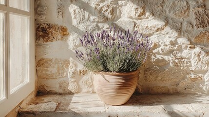 Poster -   A potted plant sits on a window sill beside a stone wall