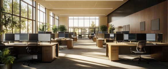 Canvas Print - Modern Office Interior with Wooden Desks and Windows