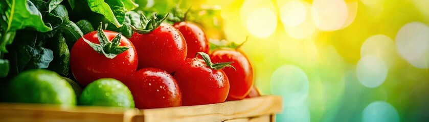 Vibrant basket filled with fresh red tomatoes and green limes, set against a colorful, blurred background showcasing nature's beauty.