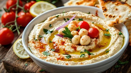 Sticker -   A white bowl brimming with hummus and adorned with garnishes