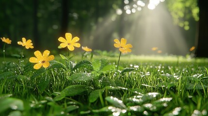 Sticker -   Yellow flowers sit on green grass, covered in dew on a sunny day