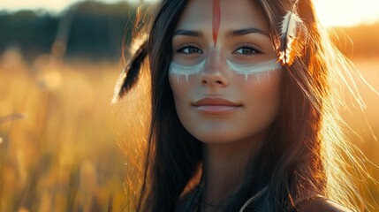 Wall Mural - photo realistic of a beautiful woman, with subtle face paint indicating she is from a spiritual tribe.