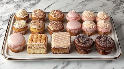 Poster -   A tray brimming with various cupcake flavors perched atop a marble counter alongside another slab of marble