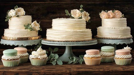 Wall Mural -   A wooden table supports a stack of cakes and cupcakes on top, accompanied by a plate of cupcakes nearby