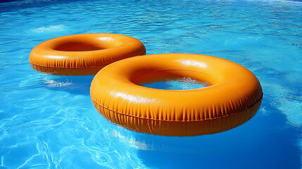 Two orange swim floats resting in a clear blue swimming pool under bright sunlight