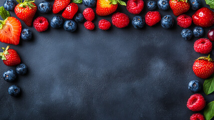 Sticker - A colorful arrangement of fresh strawberries, blueberries, and raspberries on a dark background