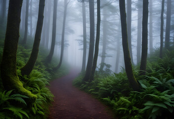 Foggy Forest Path: A winding path through a dense, fog-covered forest, creating a sense of mystery.
