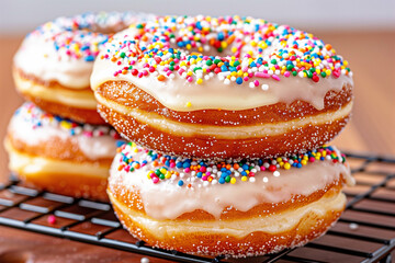 Delicious donuts topped with colorful sprinkles on a cooling rack. Vibrant dessert with creamy frosting perfect for sweet treats and indulgence