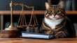 © JVLMediaUHD - A cat wearing glasses sits confidently next to a set of scales and a stack of documents in a law office setting during the day
