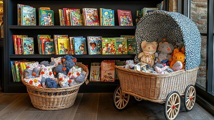 Sticker -   Two baskets of stuffed animals sit in front of a bookshelf brimming with kids' books and stuffed toys