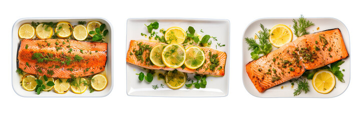 Set of lemon herb baked salmon isolated on a transparent background