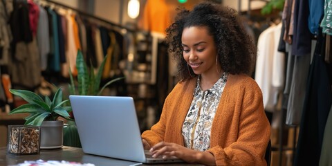 Wall Mural - A woman is sitting at a table with a laptop in front of her. She is smiling and she is enjoying her work