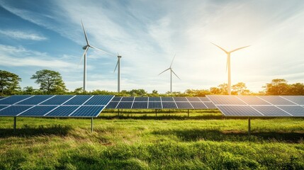 Green Energy with Solar Panels and Wind Generators Under Clear Blue Skies