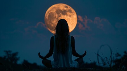 Abstract woman are meditating at blue full moon with star in dark night sky background