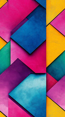 Wall Mural - Seamless geometric pattern with overlapping colorful shapes in pink, blue, and yellow, creating a bold, modern, and energetic design.