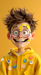 A young boy wearing glasses and a yellow hoodie with smiley faces on his face