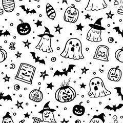 a simple line drawing of a halloween themed coloring pages patern for your little one, ghost, pumpkin, witch's hat, moon