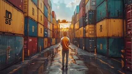 A man walking through a vibrant industrial shipping yard, surrounded by stacked shipping containers at sunset, reflecting the dynamics of the global logistics industry