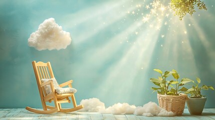 Wall Mural - a rocking chair and potted plant sit in a room with blue walls adorned with cloud paintings