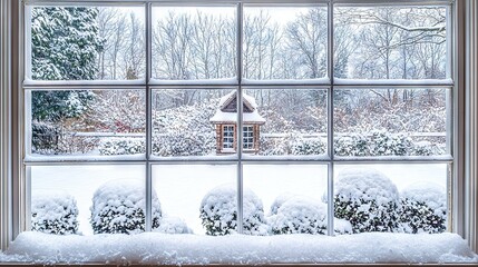 Sticker -   A snow-covered yard and a small house in the foreground, viewed from a window sill