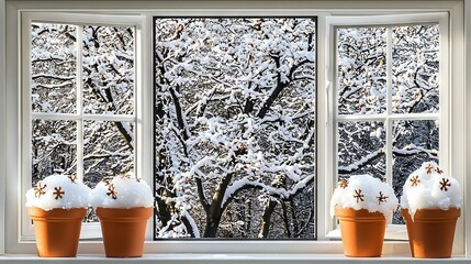 Poster -   Three potted plants sit in front of a snow-covered window