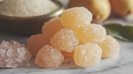   A bowl of powdered sugar sits beside a pile of sugary candies on the table