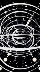 Poster - Abstract background with white narrow lines and dots moving on black background, monochrome. Animation. Rotating circles of shining light, seamless loop.