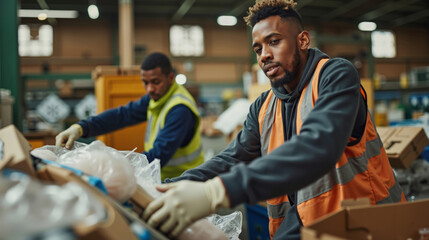 Two men in safety vests and gloves working in a warehouse