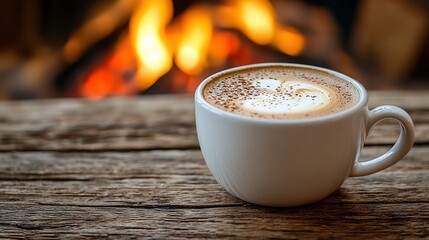 Poster -   A cup of cappuccino sits on a table near a fireplace with a heart drawn on it