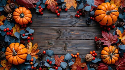 Wall Mural - Autumnal Arrangement with Pumpkins and Leaves