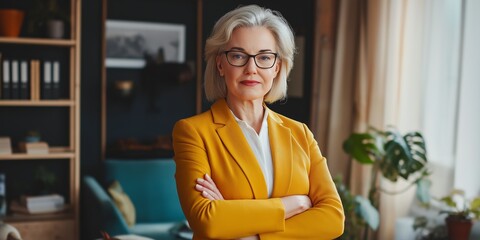 Wall Mural - A woman in a yellow jacket stands in front of a bookshelf. She is wearing glasses and has her arms crossed