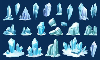 Wall Mural - Ice crystals set. Icy cliff water, cold frozen blocks of different shapes. Blue pieces of floe. Mini glaciers elements magic stones for winter designs and games. Cartoon style isolated vector clipart