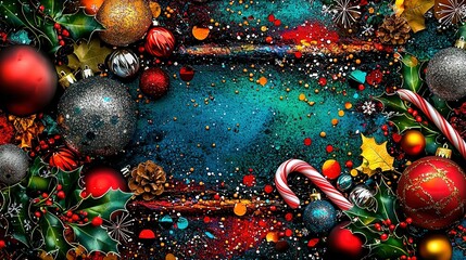 Wall Mural -   Christmas Ornaments, Candy Canes on Blue & Red Background with Sprinkles