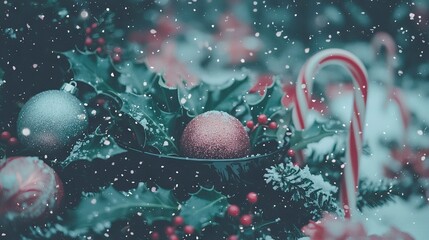 Wall Mural -   A festive Christmas scene features candy canes, holly, and baubles in the foreground while a candy cane stands prominently in the background