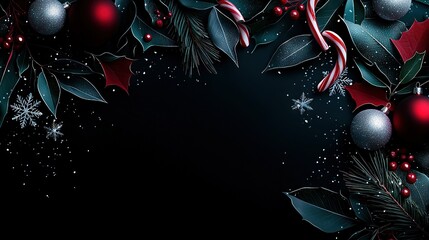 Sticker -   A Christmas scene featuring candy canes, holly, and snowflakes against a black backdrop