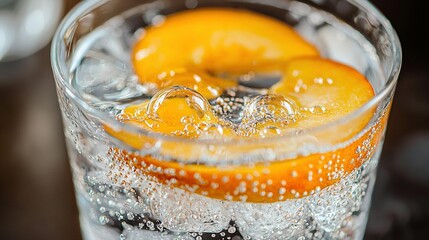   A glass of water with orange slices and bubbles on the surface, and water droplets on the bottom