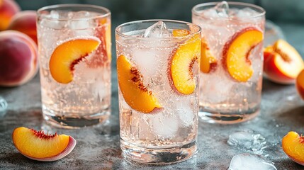   A cluster of glasses containing ice and topped with diced peaches placed on a silver platter surrounded by ice cubes