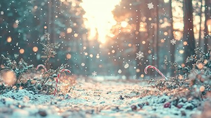 Sticker -   A winter wonderland featuring festive candy canes and falling snowflakes in the foreground