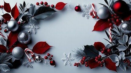 Wall Mural -   A white background with silver and red ornaments, holly berries, and red and white candy canes in the corner