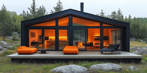 Modern cabin with large glass windows and cozy interior lighting situated in a serene forest landscape surrounded by rocks and trees, blending nature with contemporary design