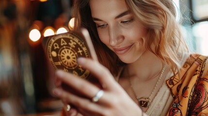 modern fortune teller using smartphone cowered with magic tarot symbols.
