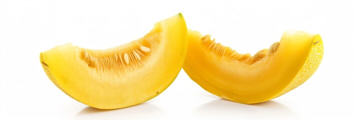 Two slices of yellow melon on a white background. The slices are cut in half, revealing the juicy, sweet fruit inside. Concept of freshness and health, as melons are known for their high water content