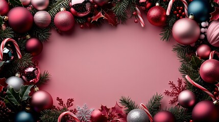 Sticker -   A Christmas wreath featuring ornaments and candy canes on a pink backdrop, with space for text or images