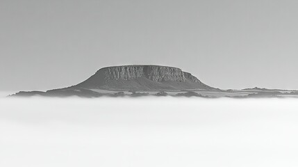 Sticker -   A photo of a distant black-and-white mountain with low foreground clouds and foggy background