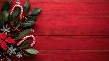 Sticker -   A festive Christmas arrangement featuring candy canes, holly, and candy canes against a vibrant red wooden backdrop, adorned with delicate snowflakes