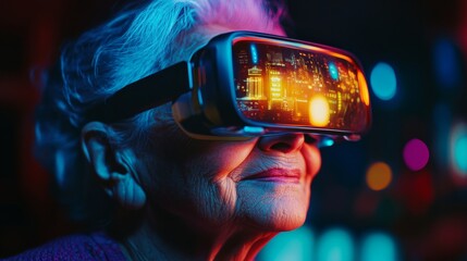 Wall Mural - A woman is wearing a virtual reality headset and looking at a cityscape