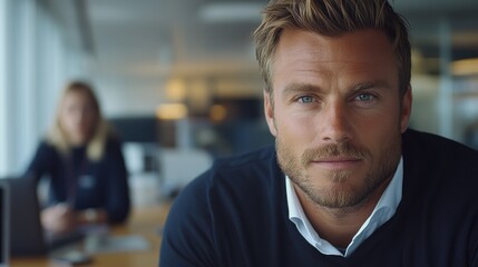 Wall Mural - A professional man with a well-groomed beard and blue eyes dressed in a dark sweater is sitting in a modern office environment with a colleague in the background
