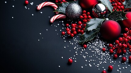 Wall Mural -   Black background Christmas decorations with candy canes and sprinkles at the bottom