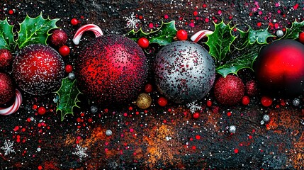 Wall Mural -   A Christmas scene featuring ornaments and candy canes against a black backdrop with snowflakes and additional candy canes